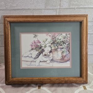 Rabbit with Flowers Watercolor Signed Print Framed Jodi Jensen Pastel Colors